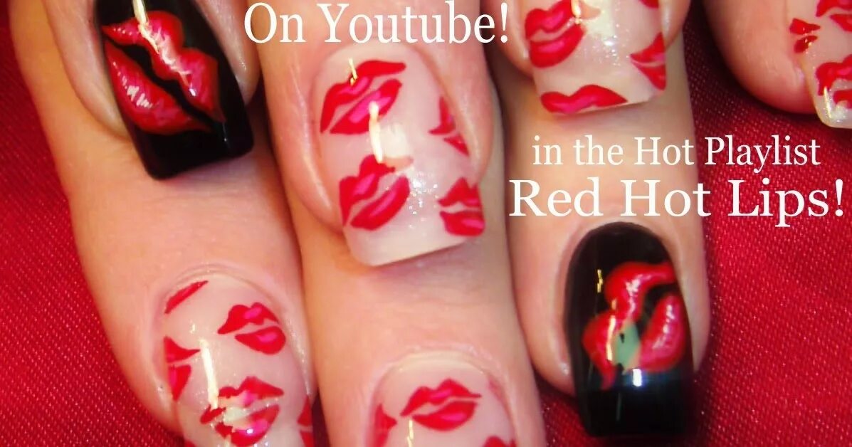 Красный маникюр. Губы и ногти. Ногти с поцелуями от губ. Красный маникюр с рисунком. Ногти с сердечками длинные.