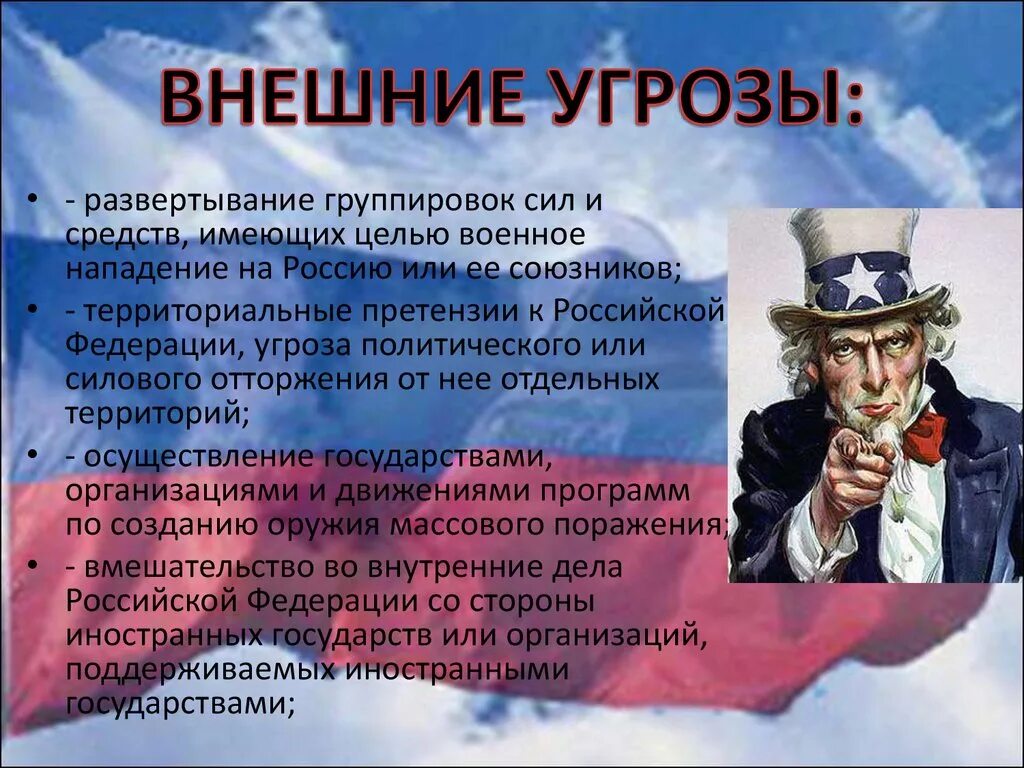 Примеры угрозы россии. Внешние опасности для национальной безопасности России. Внешние угрозы военной безопасности РФ. Угрозы военной безопасности России внешние военные опасности. Внутренние угрозы национальной безопасности РФ.