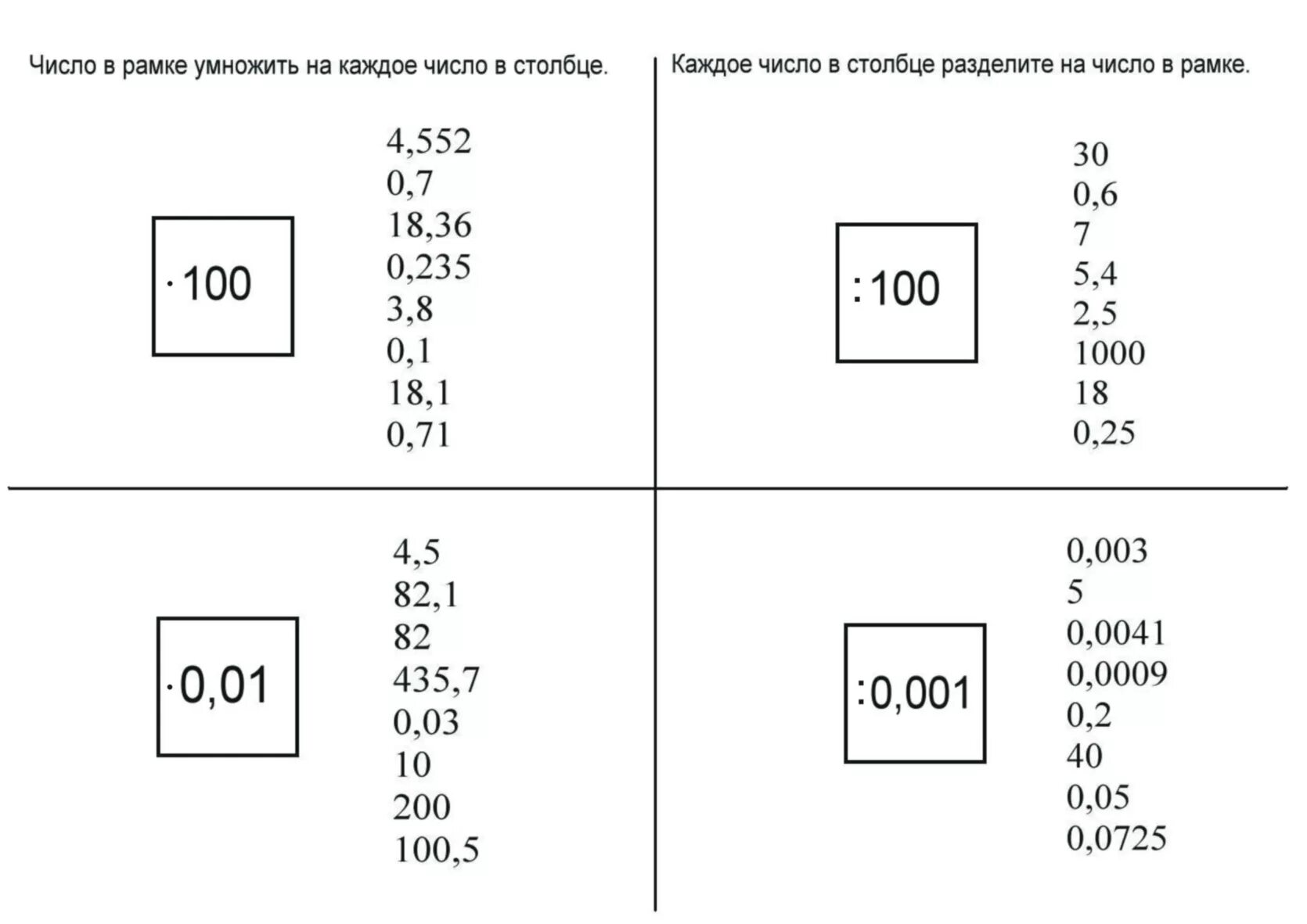 Умножение на 100 и 1000 примеры. Умножение и деление десятичных дробей на 0 1 0 01 0 001 правило. Умножение десятичных дробей на 0.1 0.01 0.001 задания. Умножение и деление десятичных дробей на 0 1 0 01 0 001 задания. Деление десятичных дробей на 0.1 0.001.