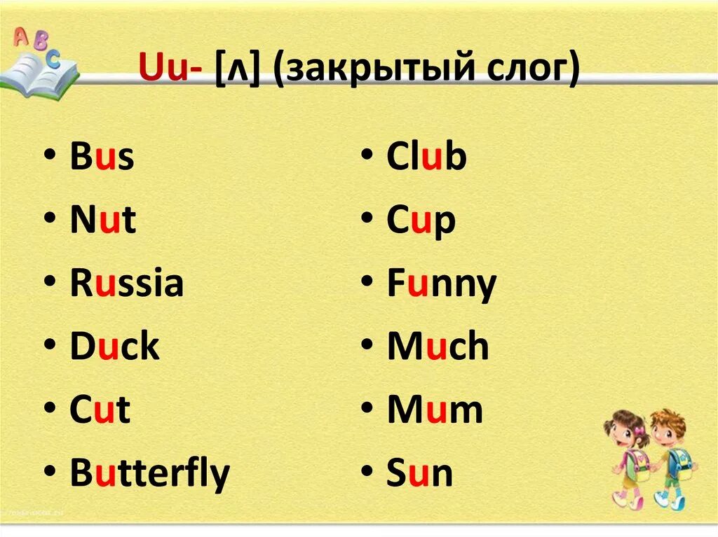 Слог в английском языке примеры. Правила чтения u в закрытом слоге. Правило чтения буквы u в английском языке. Правила чтения буквы u. Буква u открытый и закрытый слог в английском языке.