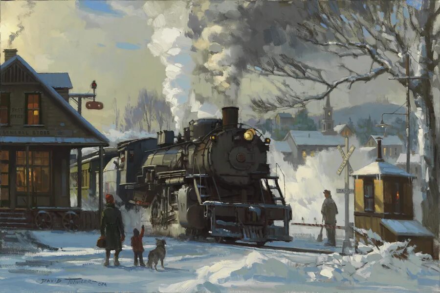 Художник David Tutwiler паровозы. , David Tutwiler поезда в живописи. Картина Паровозная станция художник француз.