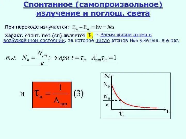 Время жизни атома в возбужденном состоянии. Формула спонтанного излучения. Самопроизвольное излучение это. Спонтанное излучение атомов.