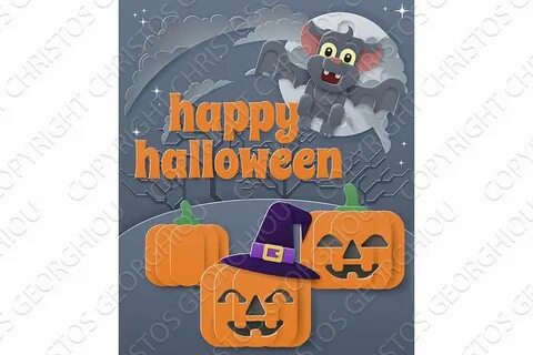 A Happy Halloween background or party invite with a vampire bat and carved ...