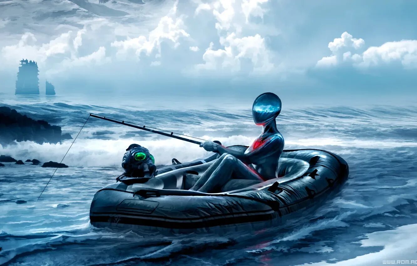 Лодка wave. Лодка арт. киберпанк рыбалка. рыбацкая лодка фэнтези.