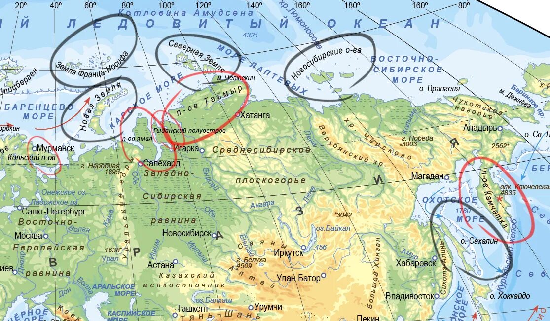 Большие равнины евразии. Карта России с островами и полуостровами и морями. Полуострова России на карте. Крупные полуострова России на карте. Полуострова Кольский Камчатка Крымский Ямал Таймыр.