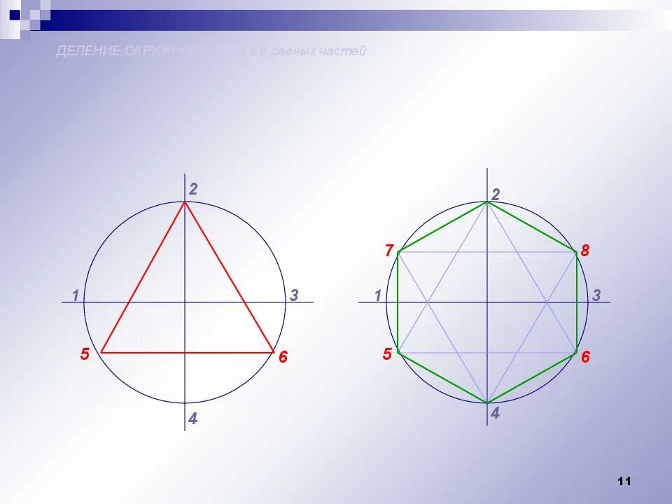 Деление окружности на равные части ( 6;7;8). Деление окружности на равные части. Деление окружности на 4 равные части. Деление окружности на 3 равные части. Деление круга на 8