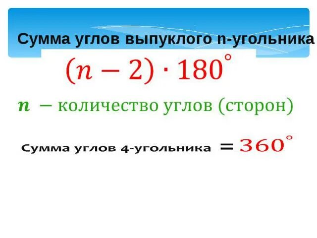 Чему равна сумма углов выпуклого угольника. Формула суммы углов выпуклого n угольника. Сумма углов многоугольника формула. Формула суммы углов выпуклого многоугольника. Сумма углов правильного n-угольника.