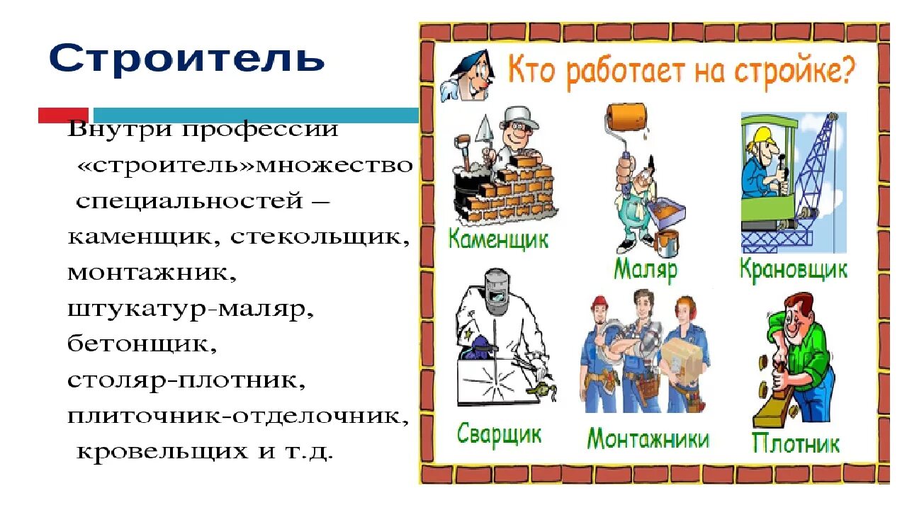 Что дает человеку его профессия. Строительные профессии для дошкольников. Стройка и строительные профессии для дошкольников. Строительные профессии презентация. Строитель презентация для детей.