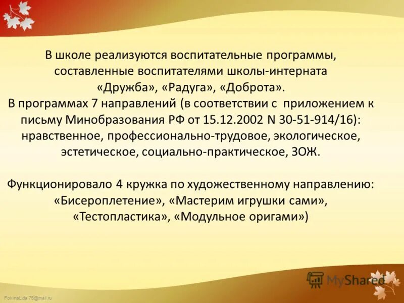 Карта намерений воспитателя в школе-интернате. В школе реализуются программы