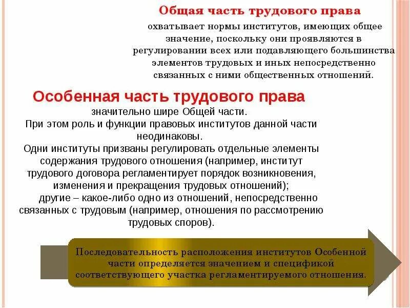 Институты общей части трудового законодательства. Институты особенной части трудового законодательства. Трудовой кодекс общая и особенная часть.