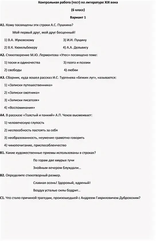 Контрольная работа литература xix века 7 класс. Контрольная работа литература xix века 7 класс
