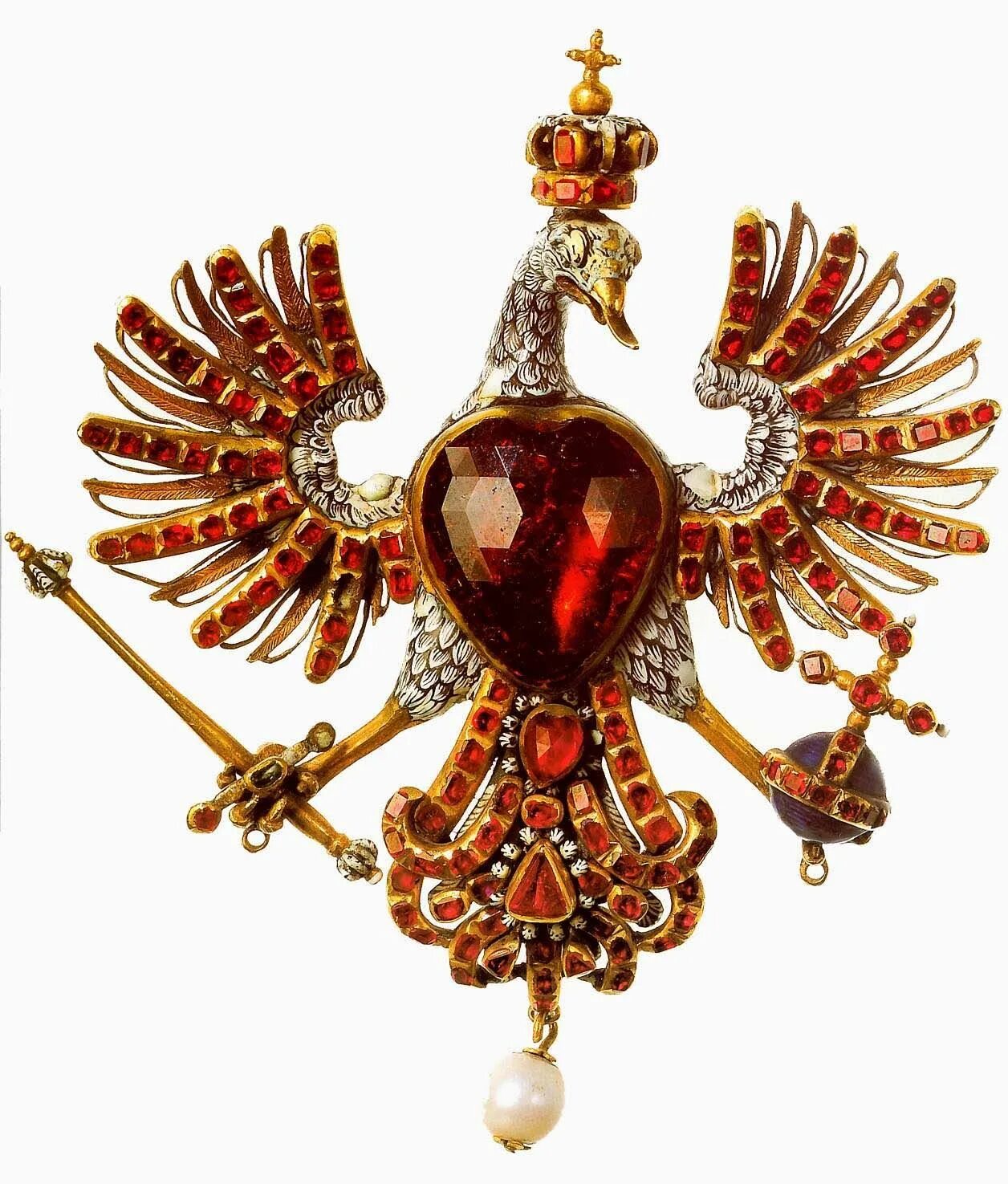 Заколка польский Орел 17 - 18 век золото, Жемчужина, рубины; эмаль. Королевская корона Испании Королевские регалии. Ювелирные украшения 18 века.