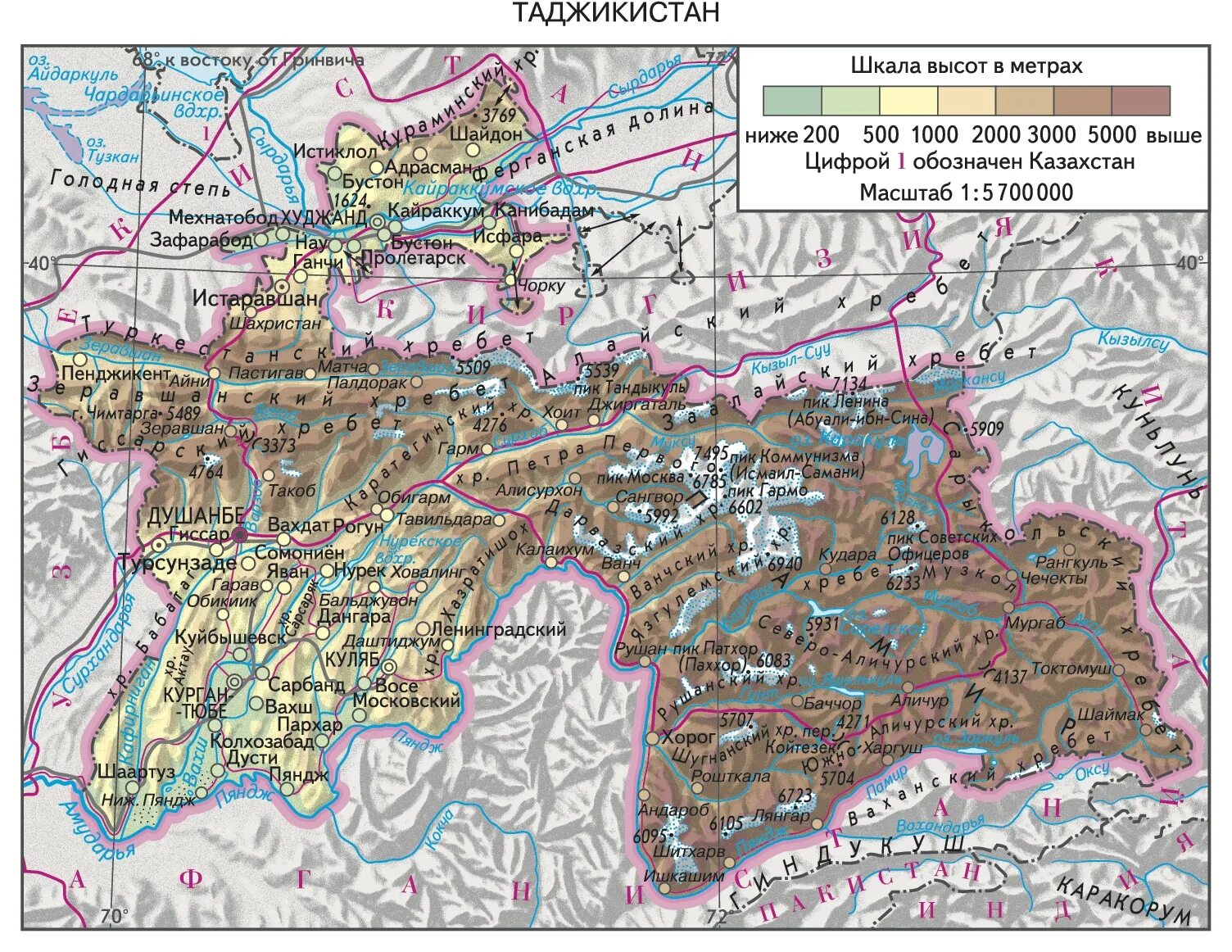 Таджикистан на карте. Физическая карта Таджикистана подробная. Топографическая карта Таджикистана. Физическая карта Таджикистана с городами.