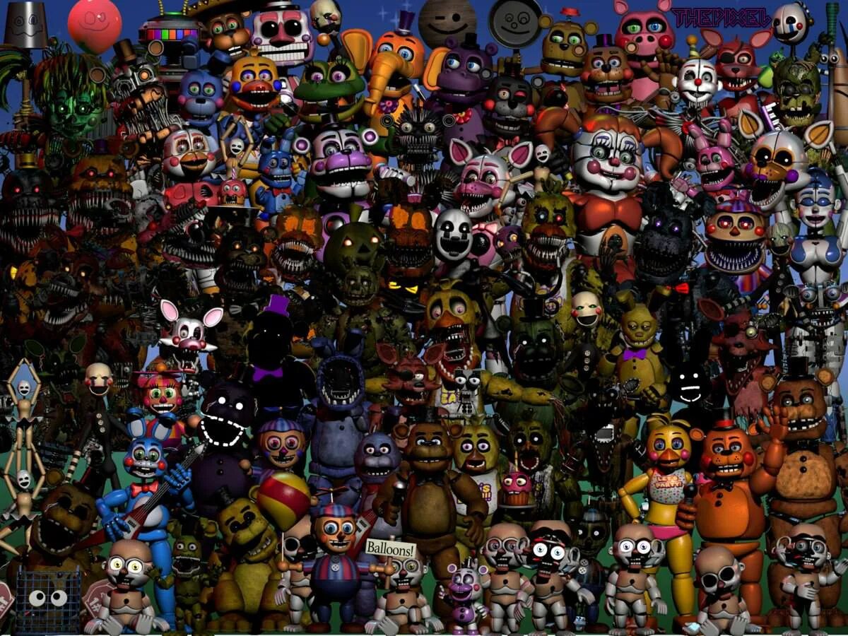 Фнаф 5 фнаф 7. FNAF все АНИМАТРОНИКИ. Пять ночей с Фредди все АНИМАТРОНИКИ. Герои Фредди АНИМАТРОНИКИ. Персонажи игры Five Nights at Freddy's.