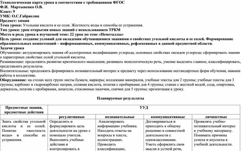 Химия 9 класс лабораторная работа жесткость воды. Технологическая карта урока химии. Метод стимулирования занимательным содержанием.