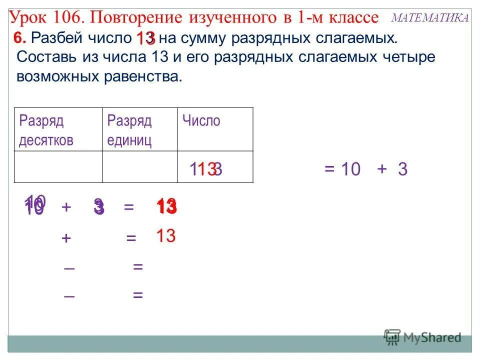 Сложения разбивания чисел 1 класс. Разбиение числа. Разбиение числа 10. Разбить на сумму разрядных слагаемых. Математика 2 класс 106 урок