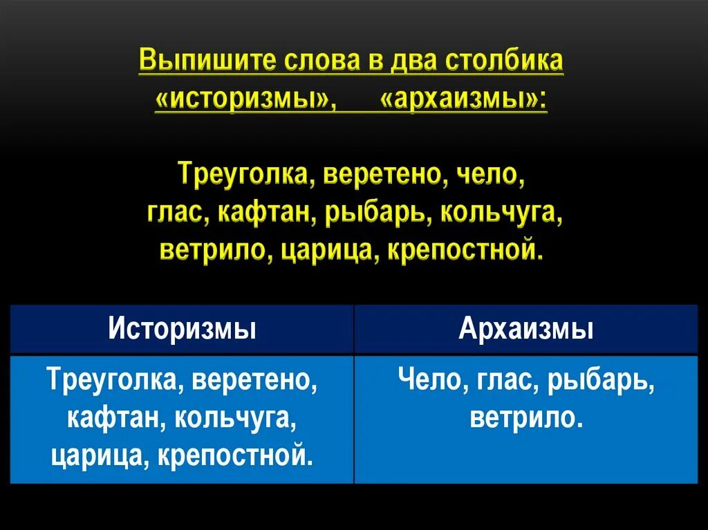 Выпишите в два столбика архаизмы архаизмы треуголка Веретено чело. Выпишите слова в два столбика историзмы архаизмы треуголка Веретено. Выпишите слова в два столбика историзмы архаизмы. Глас архаизм. Найдите слова архаизмы