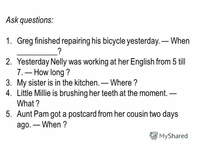 Yesterday Pam. My sister finished her work. Вопрос с выбором. From 3 till 5 yesterday время. My sister finished her work. Раздельный общий спецаллный вопрос. Find 5 mistakes