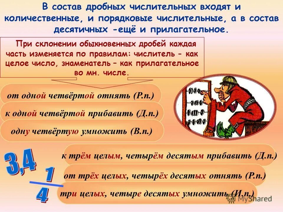Числительное один как изменяется. Примеры с дробными числительными. Примеры дробных числительных. Числительные дроби. Склонение дробных числительных.
