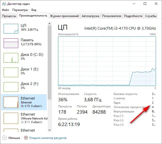 Как узнать сколько ядер на компьютере. Как узнать колво ядер на ПК. Количество процессоров диспетчер задач. Сколько ядер в ноутбуке