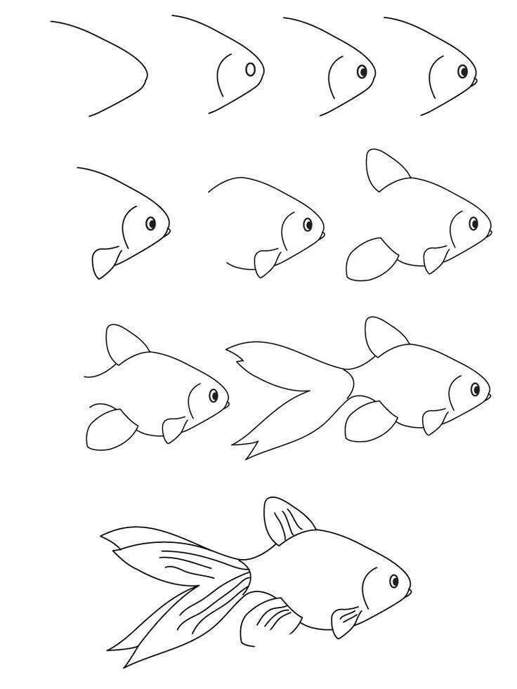 Нарисовать детские рисунки легко. Рыбка рисунок. Поэтапное рисование рыбки для детей. Лёгкие рисунки для детей. Рыбки для срисовки легкие.