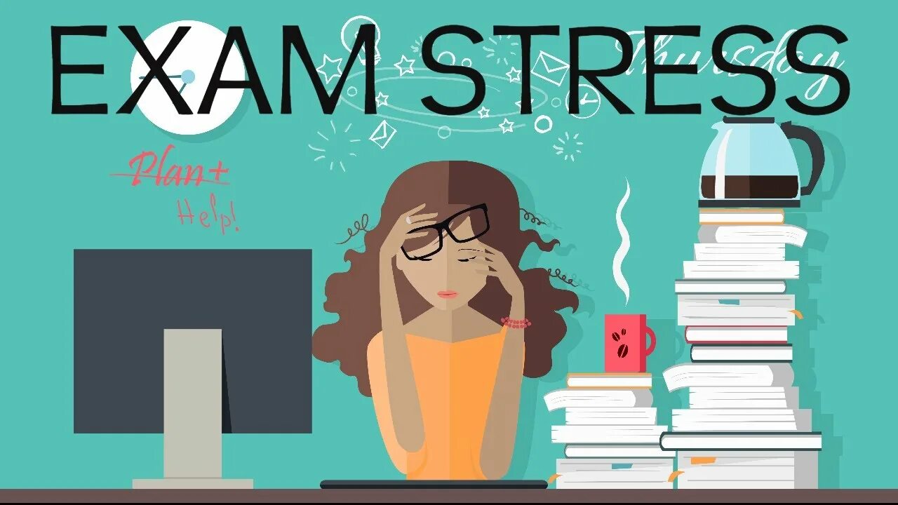 Exam stress. Надпись Exam stress. Мемы про стресс. Женщина за столом в очках.