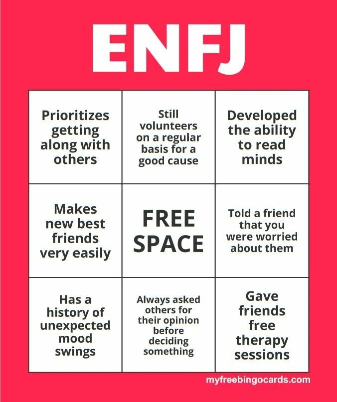 Enfj описание. Тип MBTI INFJ Бинго. Тренер MBTI. ENFJ МБТИ. ESFJ Бинго.