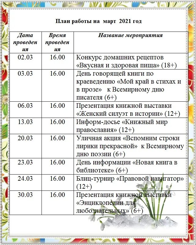 План на апрель сельская библиотека. Названия мероприятий на март. План работы на март в библиотеке. Мероприятия на март в библиотеке. План мероприятий на март СДК.