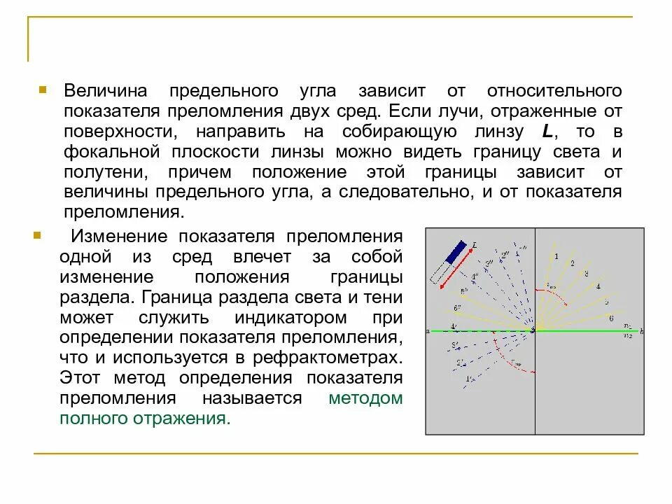 Почему зависит от угла. Зависимость угла преломления от показателя преломления. Предельный показатель преломления. Метод рефрактометрии. От чего зависит коэффициент преломления.