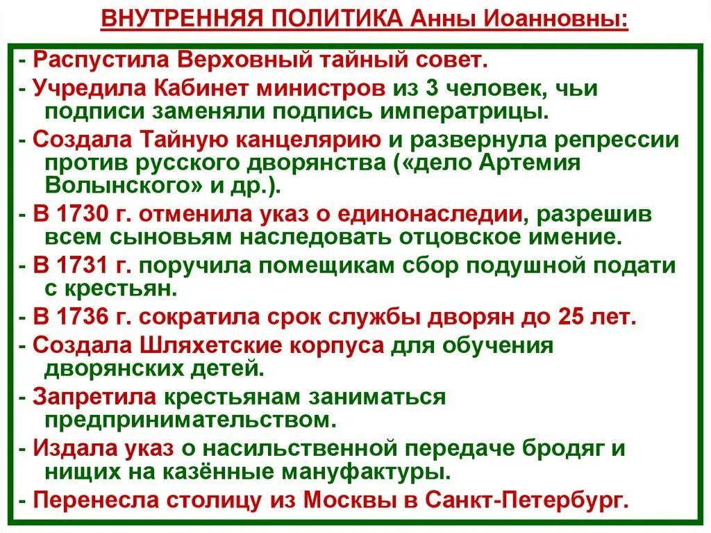 Внешняя политика Анны Иоанновны 1730-1740. Внутренняя политика Анны Иоанновны 1730-1740. Внутренняя политика при Анне Иоанновне. Список российского дворянства