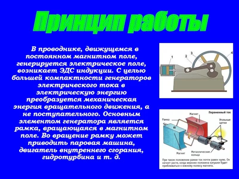 Какие преобразования энергии происходят в проводнике. Принцип работы электрического тока. Принцип действия электрического тока. Принцип работы генератора. Принцип работы генератора переменного тока.