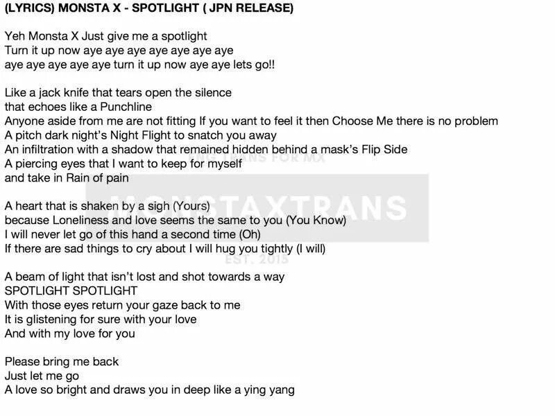 Слова спотлайт 8. Spotlight тексты. Lyrics перевод. Spotlight Lyrics. MONSTA X Lyrics.