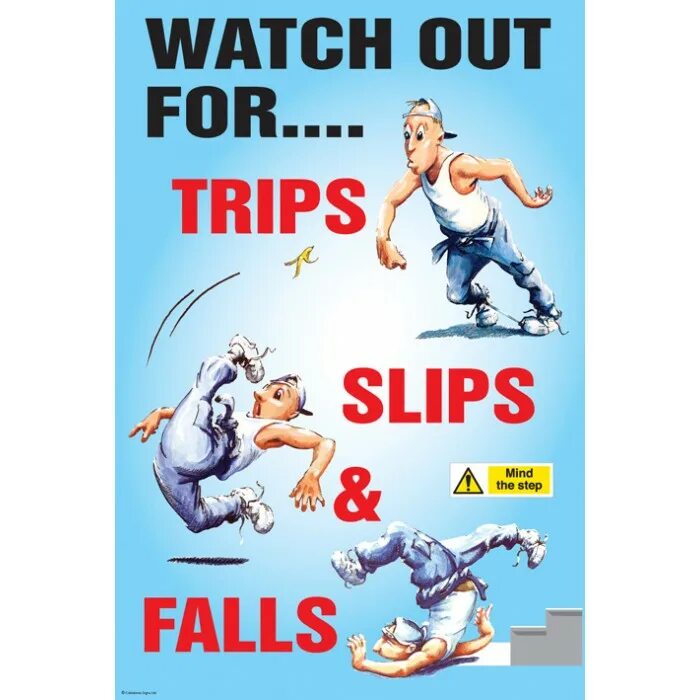 Poster Slips, trips and Falls. Fall trip poster. Slip trip Fall. Watch out for. Watch out for this