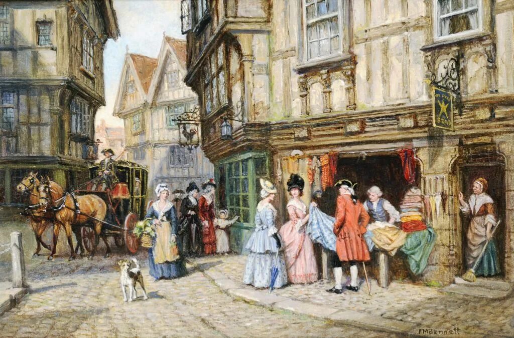 Picture of a street scene. Frank Moss Bennett. Художник Frank Moss Bennett 1874 1953. Картины Фрэнка Беннета. Художник Frank Moss Bennett картины.