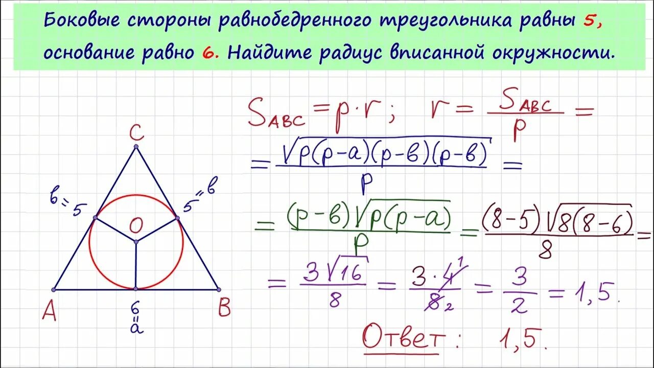 Боковые стороны 5 основание 6 Найдите радиус вписанной окружности. Радиус вписанной окружности в треугольник задачи. Боковая сторона равнобедренного треугольника равна 5. Нахождение радиуса вписанной окружности в треугольник.