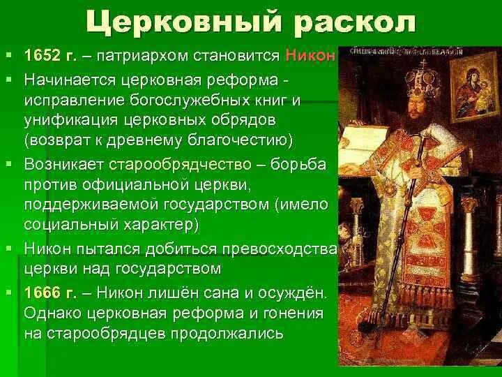 Реформы Никона и церковный раскол. Раскол церкви реформа Никона. Суть раскола русской православной