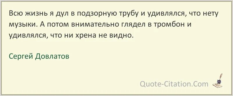 Я люблю ее как деньги сутки дуют. Всю жизнь я дул в подзорную трубу. Всю жизнь я дул в подзорную трубу и удивлялся что нету музыки. Фразы Довлатова. Цитаты про подзорные трубы.