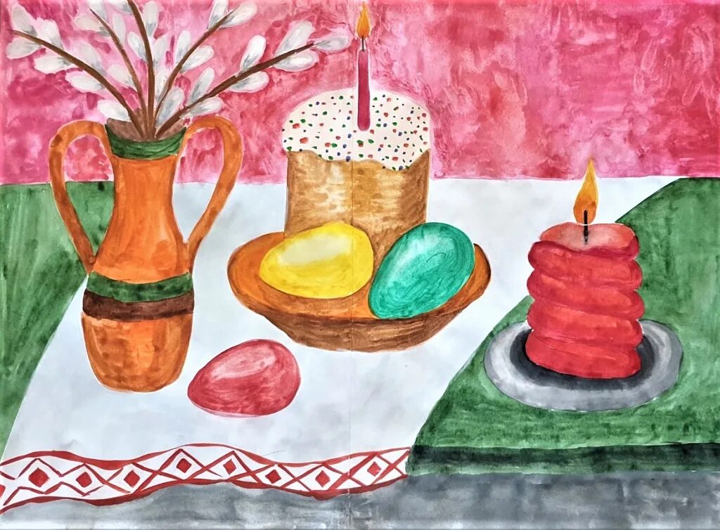 картины на пасхальную тему. парыгина н. пасхальный натюрморт рисунок. пасхальный натюрморт гуашью. рисунок на пасхальную тему.