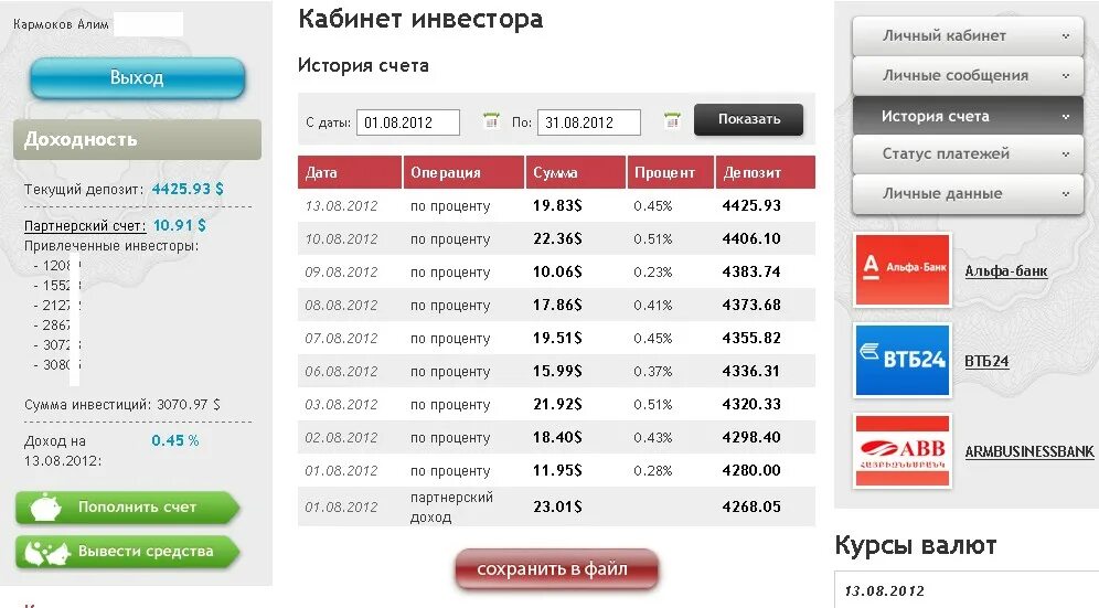 Альфа банка курс белорусского. Кабинет инвестора. Личный кабинет инвестора. История счета. Альфабанк курс ывалют.