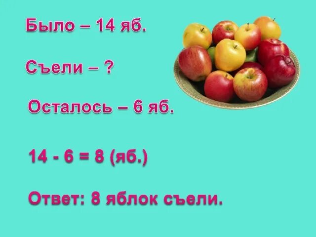 В 2 вазах по 18 яблок. Задачи на было съели осталось. Десять яблок. 18 Яблок. Было съели 6 осталось 8.