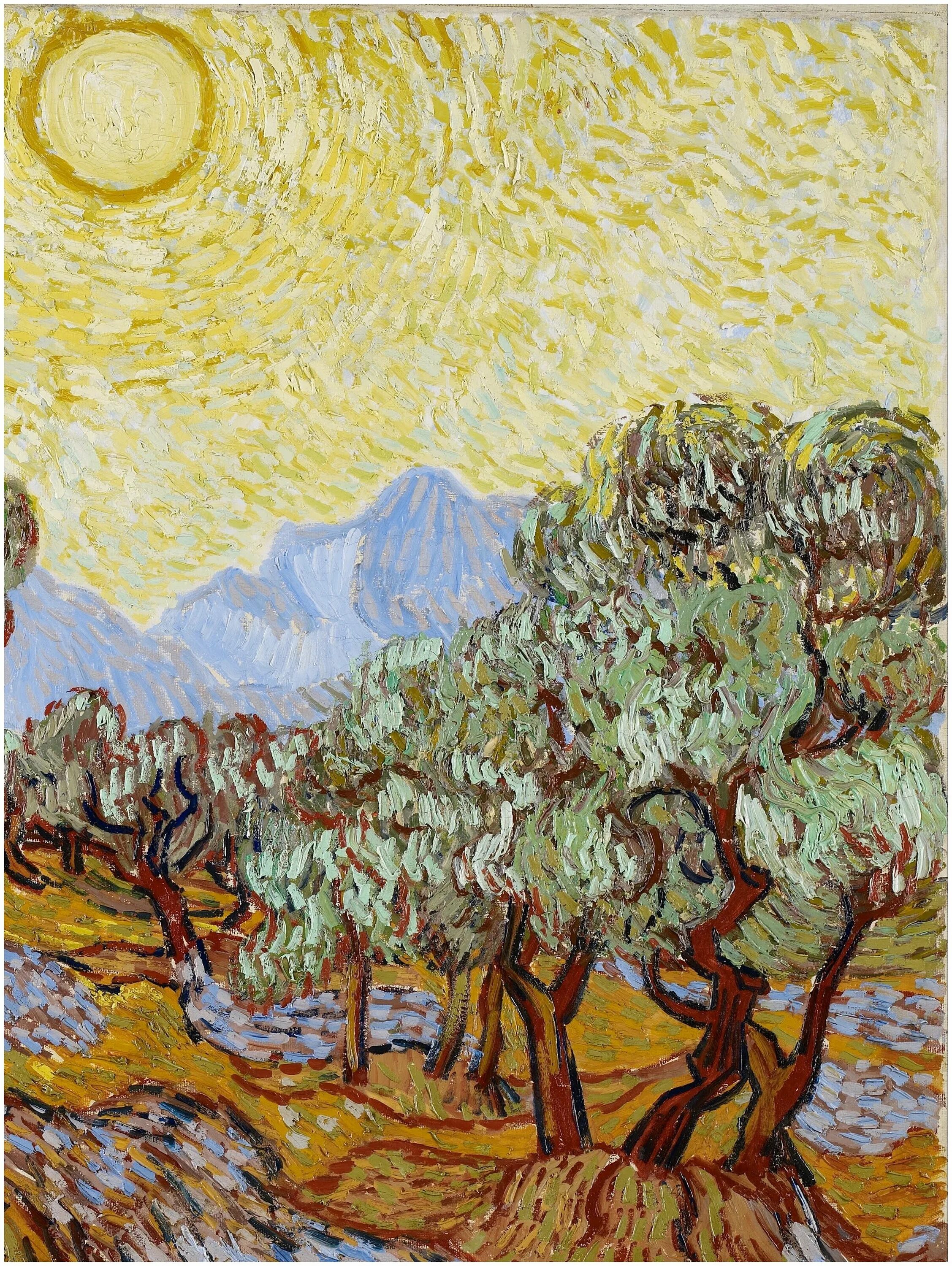 ван гог картины. винсент ван гог оливковые деревья. ван гог кузнечик. ван гог оливковая роща 1889. ван гог оливковые деревья с желтым небом и солнцем.
