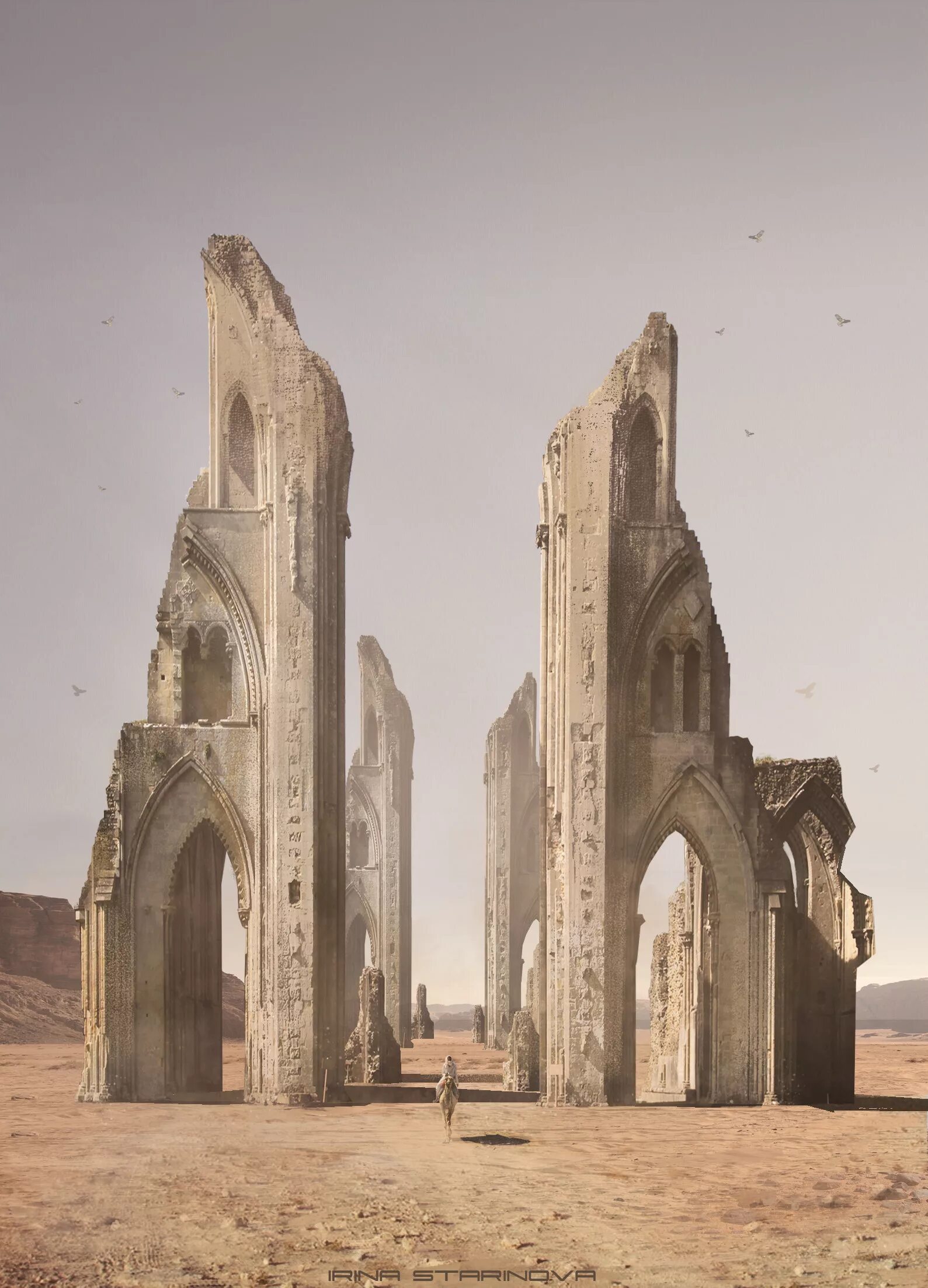 Руины в пустыне. Пустынный храм. Город в пустыне. Здание в пустыне.