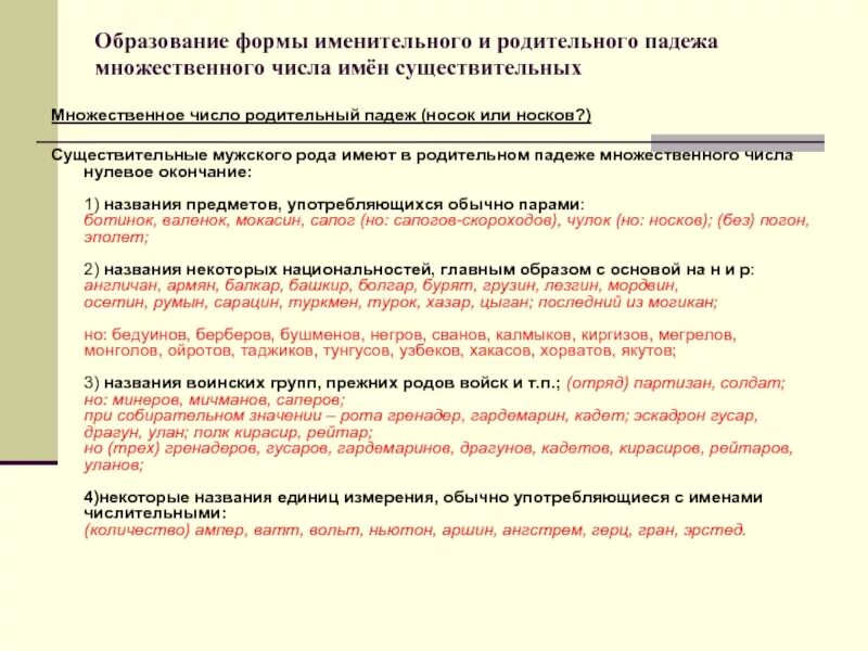 Форма им п мн ч. Формы род пад множ числа. Образование форм родительного падежа множественного числа. Родительный падеж множественного числа существительных. Формы существительных в именительном падеже множ числа.