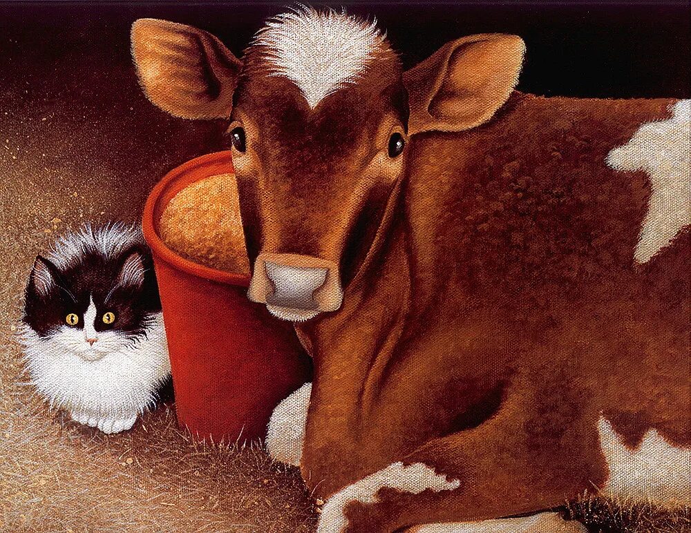 Кот коровка. Лоуэлл Эрреро картины коровы. Лоуэлл Эрреро (Lowell Herrero, 1921-2015).. Картины художника Лоуэлл Эрреро. Коровы и телята.