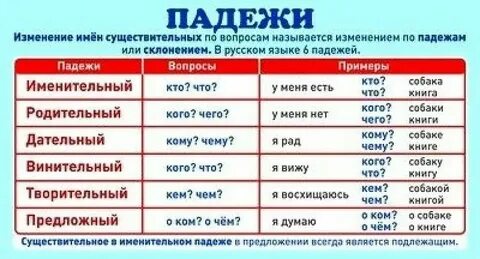 Падежи имен существительных и вопросы к ним