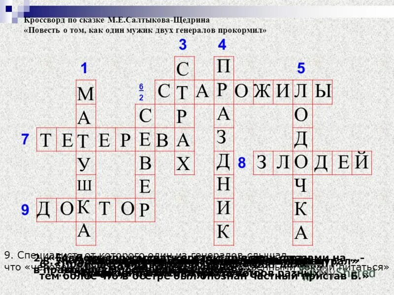 Крассворд на тему "как один мужик двух генералов прокормил". Салтыков Щедрин дикий помещик кроссворд. Кроссворд на тему Салтыков Щедрин. Кроссворд по повести как один мужик двух генералов.