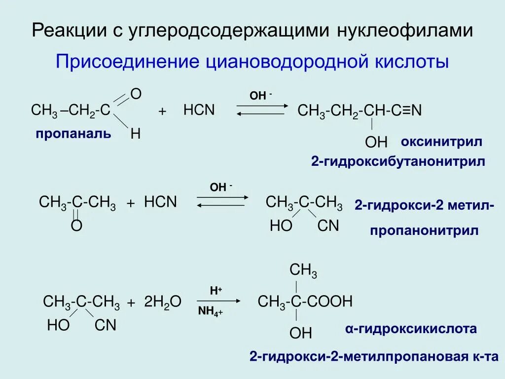 Присоединение циановодородной кислоты. Пропаналь с циановодородной кислотой. Кетон и циановодородная кислота. Взаимодействие пропаналя с синильной кислотой.