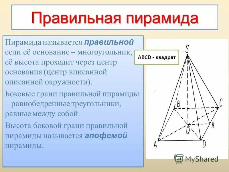 Выберите верные утверждения в правильной пирамиде