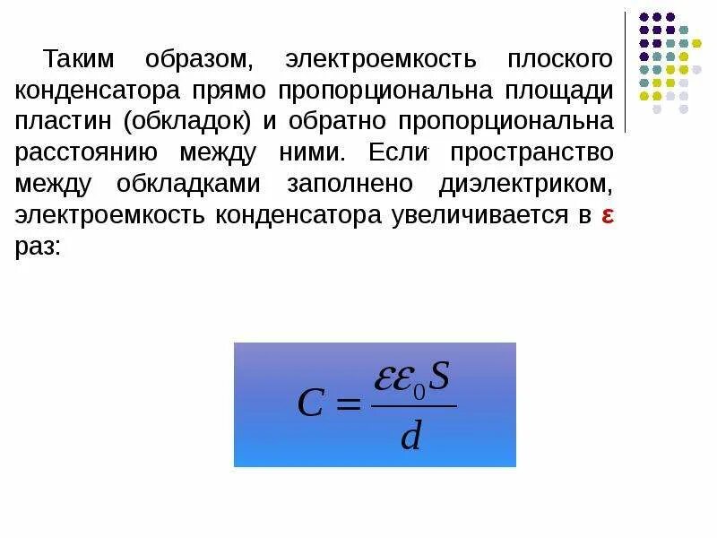 Электрическая ёмкость плоского конденсатора. Площадь обкладок конденсатора. Емкость конденсатора между обкладками. Электроемкость конденсатора.