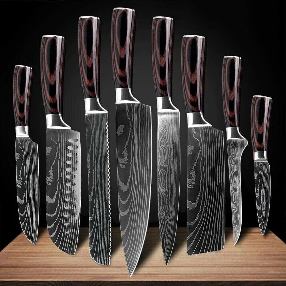 Japan Stainless Steel нож. Набор ножей "Damascus Set" (5 ножей + универс. Подставка) арт.4992007. Ножи Kitchen Knife Set. Kitchen Chef ножи Japan. Набор поварских ножей